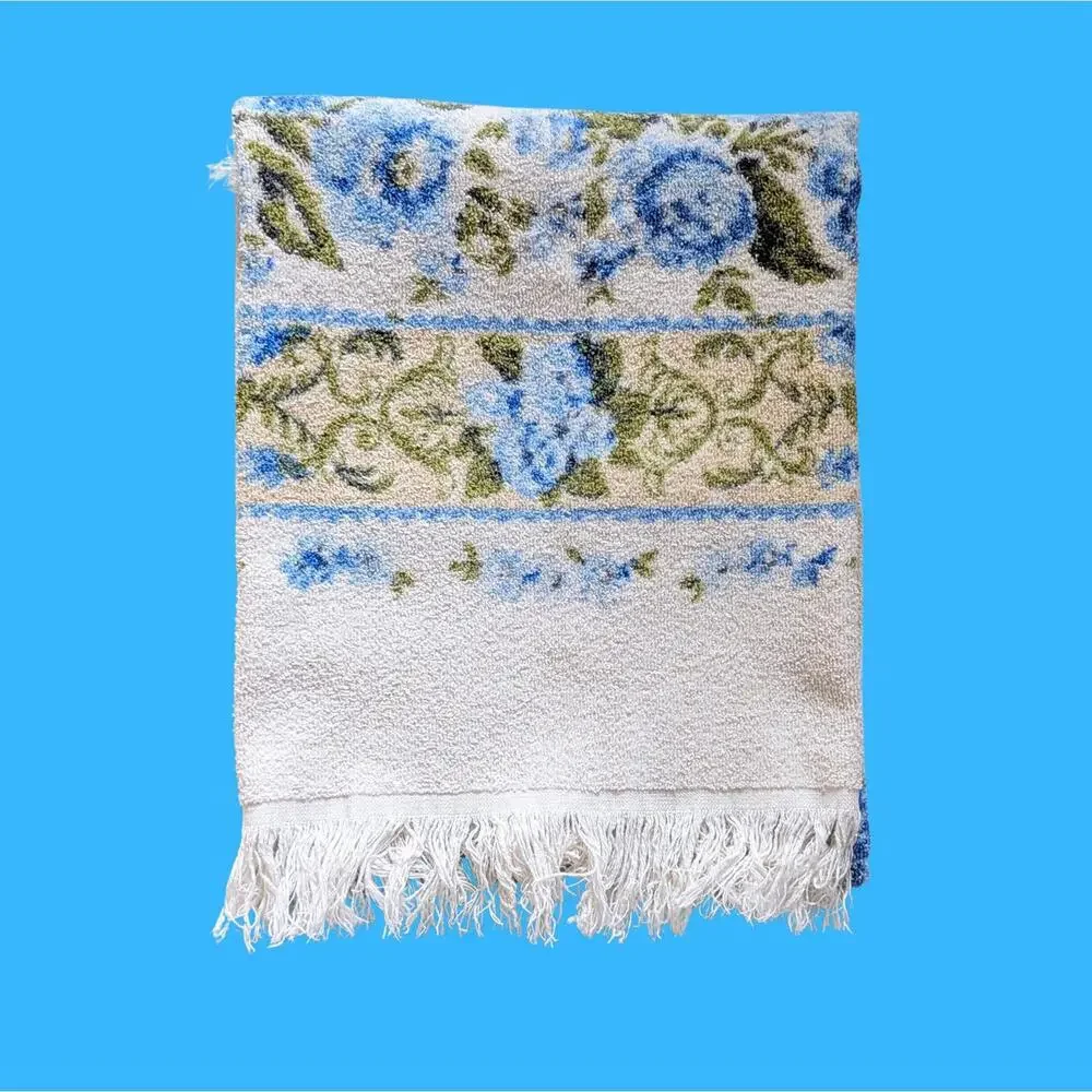 Vintage Cannon Bath Towel with Blue Floral Pattern